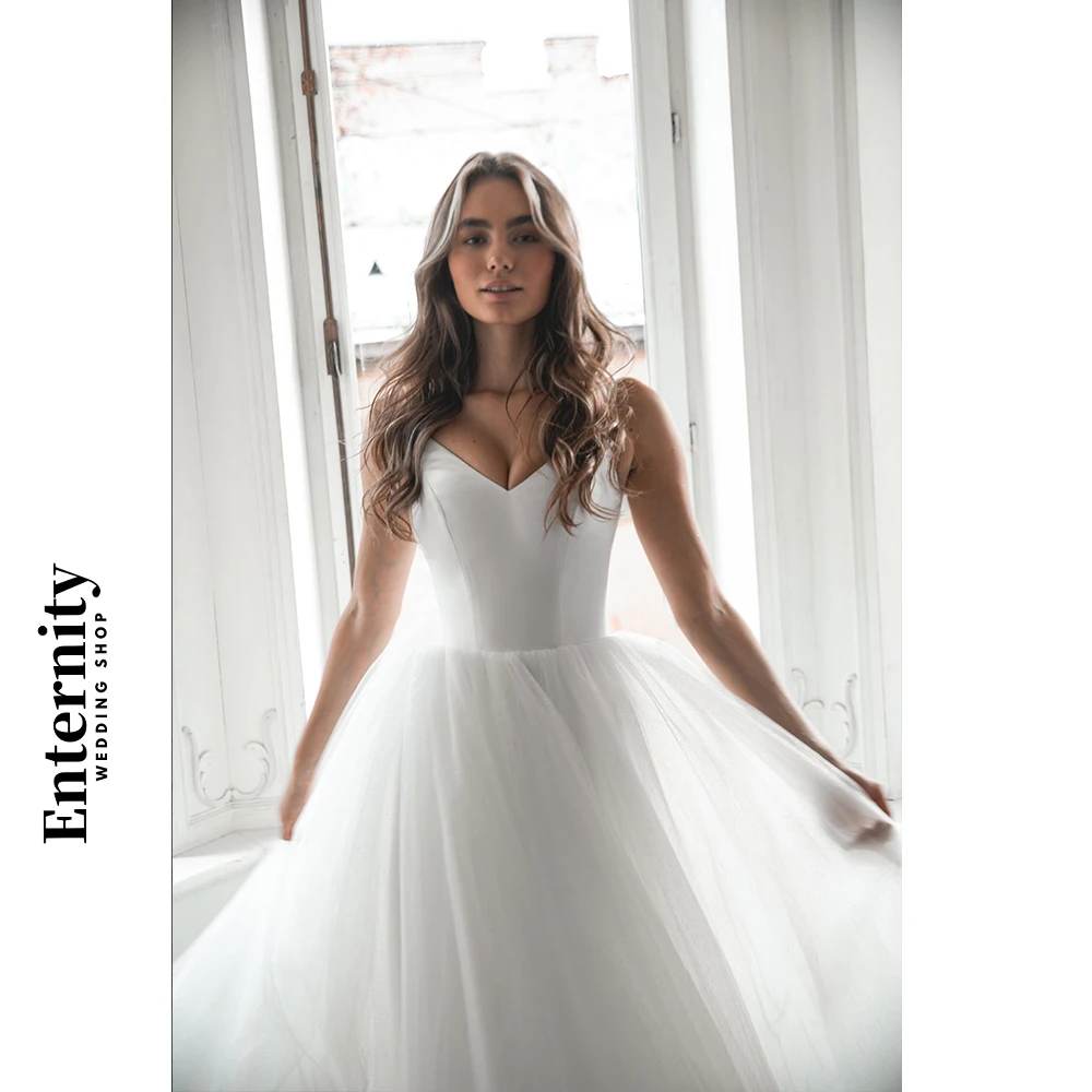 Vestidos de casamento simples personalizados, glitter, tule, decote em v, vestidos femininos, alças espaguete, cetim, vestidos de noiva para mujer