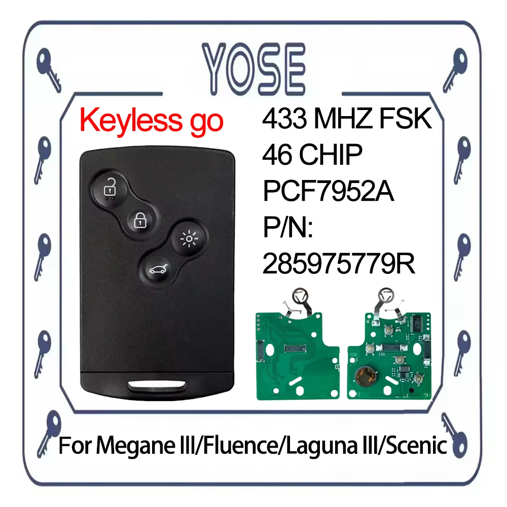 YOSE 46 Chip Keyless Smart Car Key 433MHz For Renault Latitude Megane III Fluence Laguna III Scenic 2009-2015 285975779R