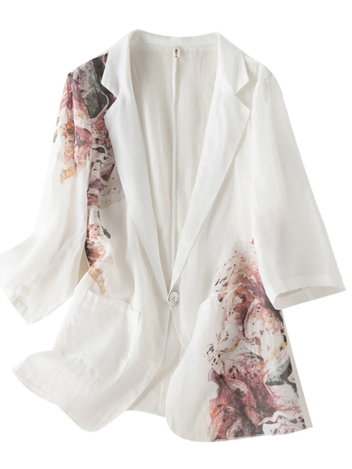 بدلة جايت من القطن والكتان مطبوعة على شكل حرف V-ne ort Sve كتان رفيع للحماية من الشمس قميص نسائي فضفاض بأزرار للتنقل... #5