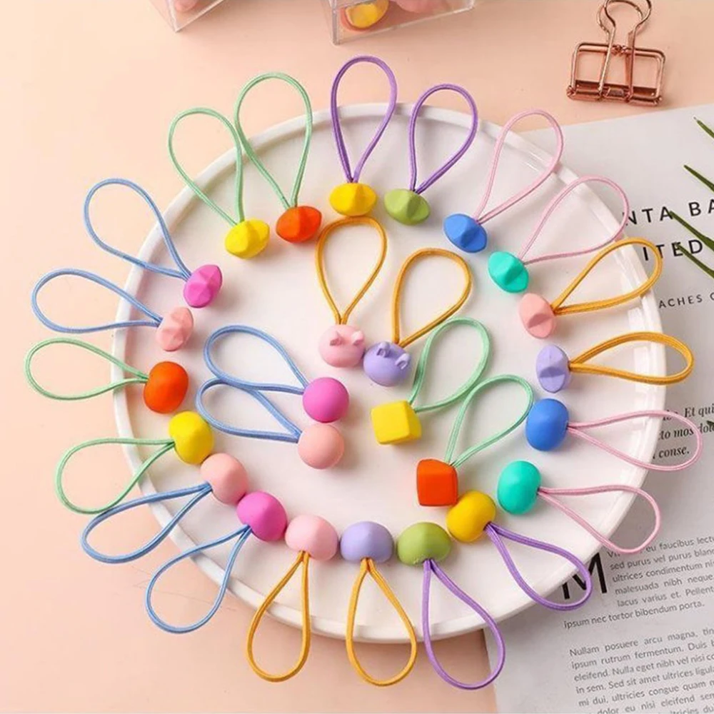 10Pcs Lovely Candy Color Kids Hair Rope For Baby Girls Colorful Geometric Heart Hairband Elastic Rubber Band Hair Accessories