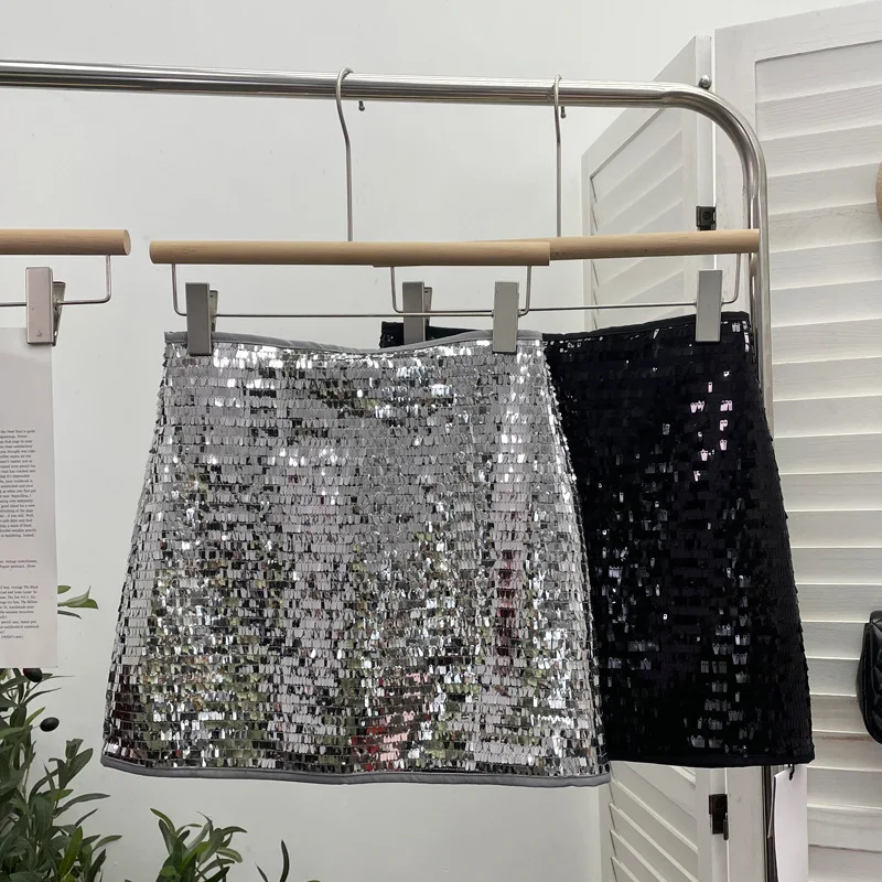 Sexy Sparkling Sequins High Waist Slim Fit A Line Mini Skirt Y2K Hot Girl Anti Exposure Lined Bodycon Pencil Half Skirt8108