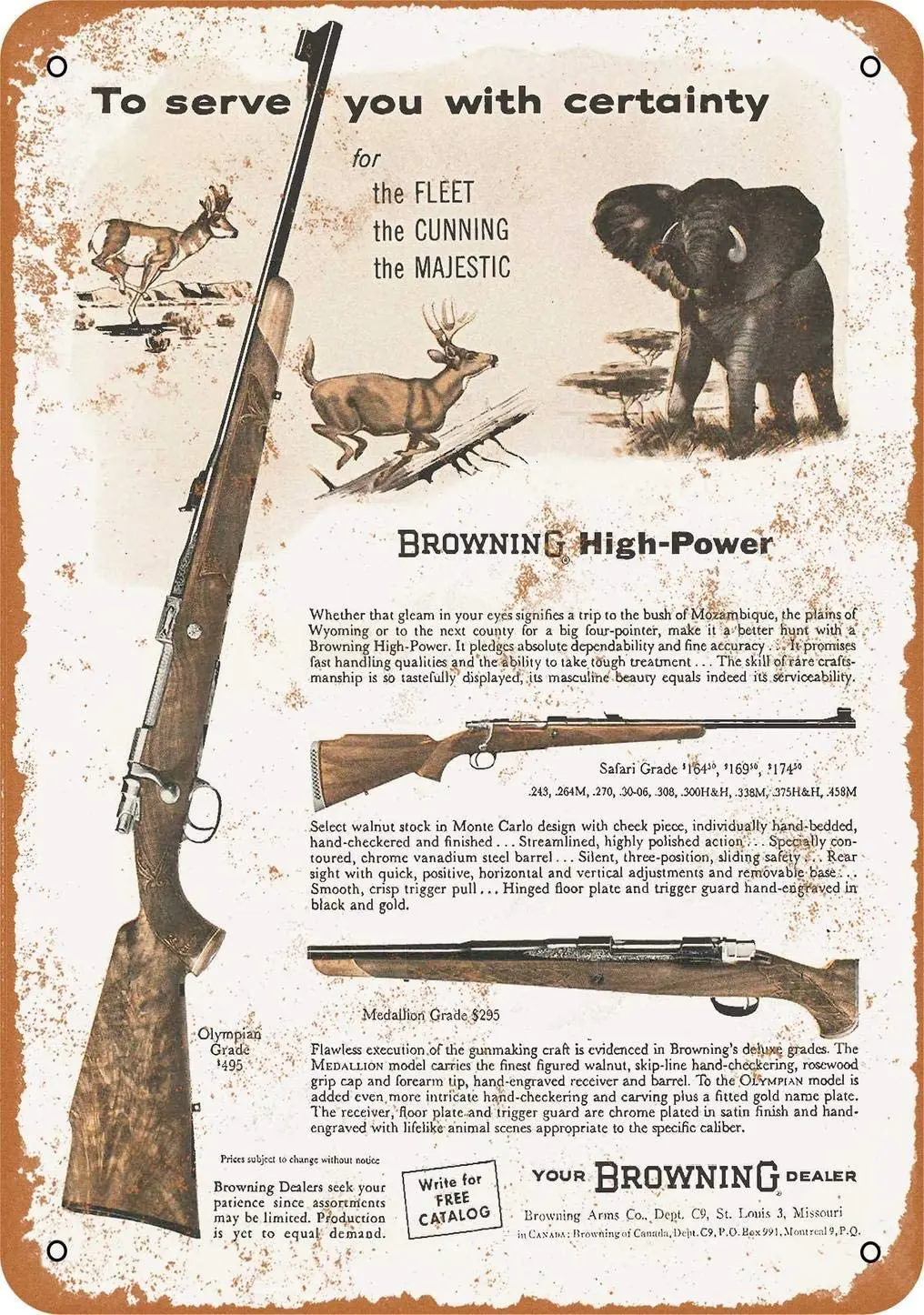 Metal Tin Sign 1961 Browning High-Power Rifles Pub Outdoor Bar Retro Poster Home Kitchen Restaurant Wall Decor Signs 12x8in sign