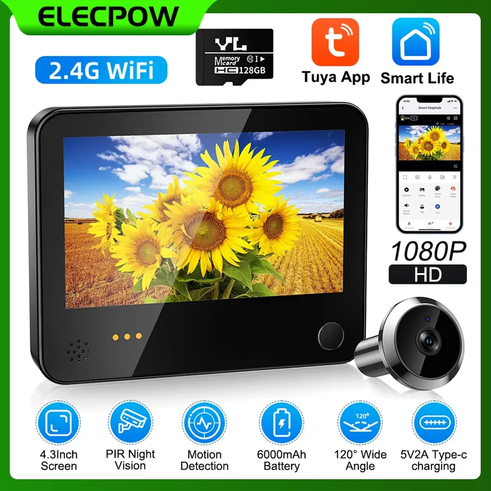 Elecpow Tuya Smart wifi Radar Porta digitale Peepholes Telecamera Occhio 1080P Videocitofono da 4,3 pollici PIR Visione notturna Rilevazione