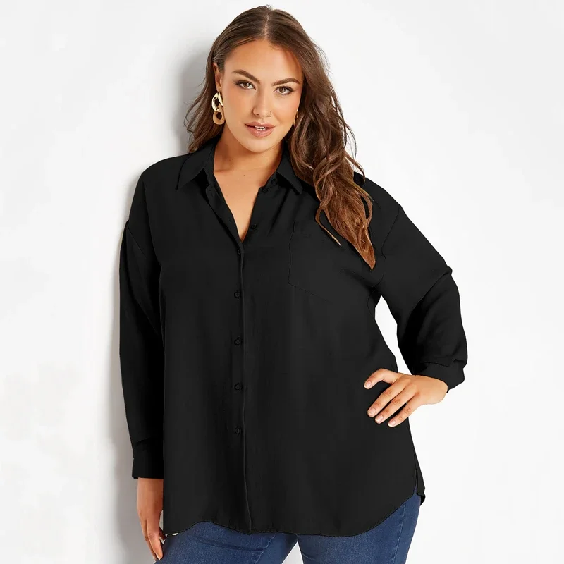 Blusa y camisa elegantes de manga larga de talla grande para primavera y otoño, traje holgado de talla grande con botones en la parte delantera para mujer, camisa negra para trabajo y oficina