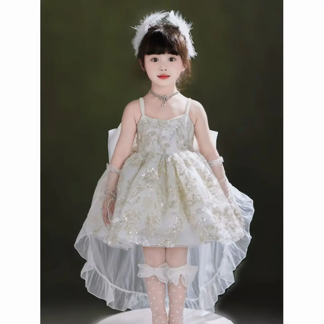 Girls' 2026 Summer Dress With Trailing Dress Baby's One Year Old Dress Princess Dress Lolita Performance Dress