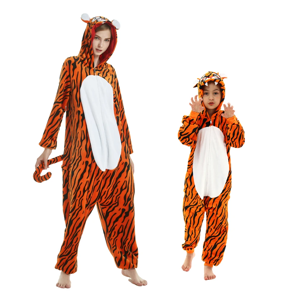 Tiger Kigurumi Costumes for Men Women and Kids Family Matchging Outfits Winter Flannel Pajamas Onesise Jumpsuits Blanket Sleeper