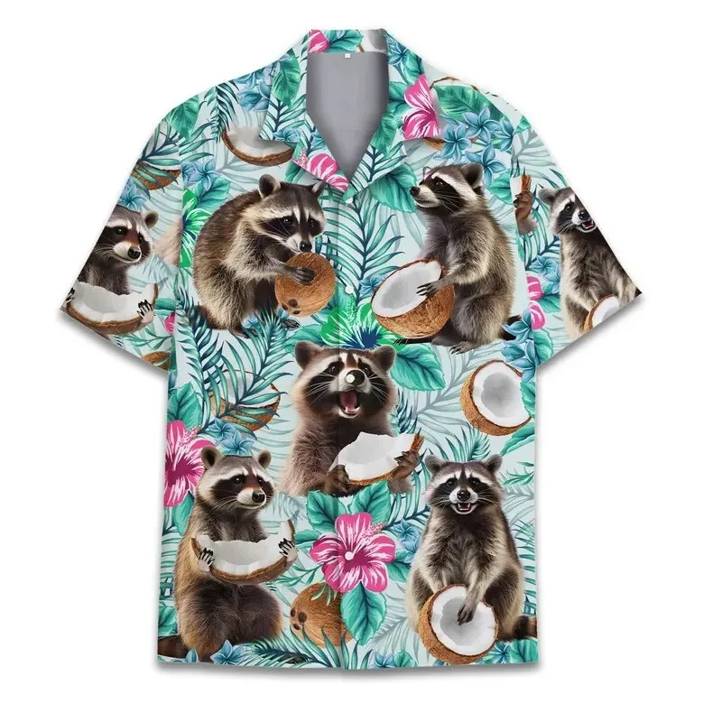 

2025 Fashion and Fashion Men's 3D Summer Printed Short Sleeved Shirt Raccoon Beach Wear Hawaiian Shirt
