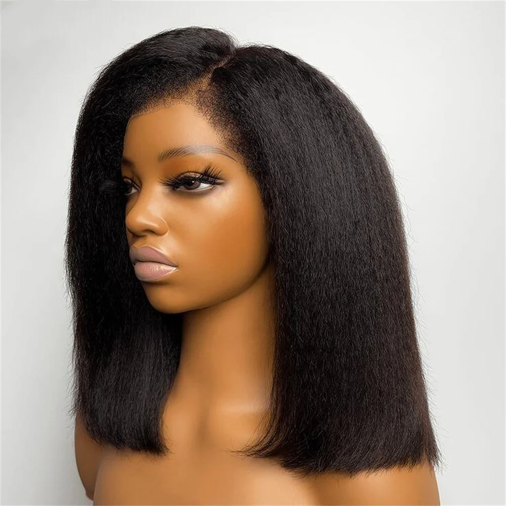 Soft Natural Black 16Inch 180% Density Short Cut Bob Kinky Straight Lace Front Wig For Women With Baby Hair Preplucked Glueless