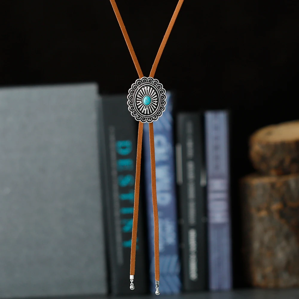 Vintage Concho Women Pendant Necklace Ethnic Sunflower Dangle Sweater Chain Necklace long Pu Leather Rope Necklace