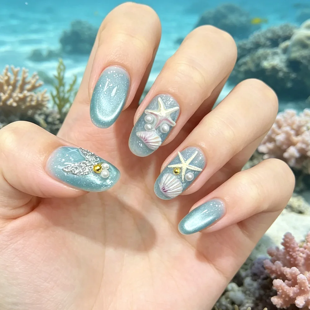 

Blue Cat Eye Press on Nails Sea Starfish Design 3D Reusable Full Cover False Nails For Summer Beach Fake Nails Gradient Blue Fre