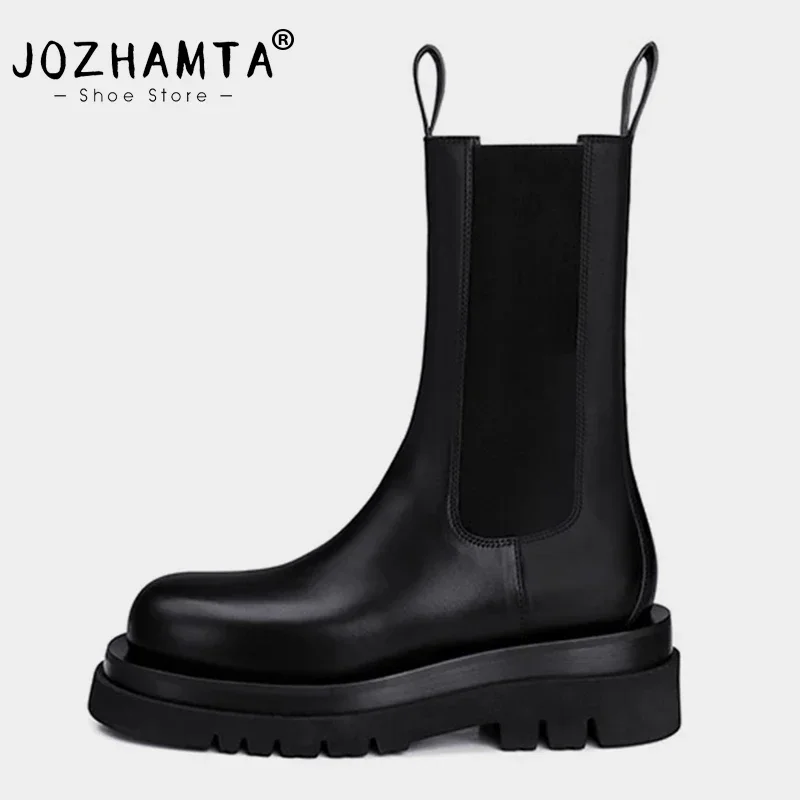 JOZHAMTA Size 35-40 Women Ankle Boots Elastic Real Leather High Heels Shoes For Women Winter Wedges Platform Boots Thick Soles