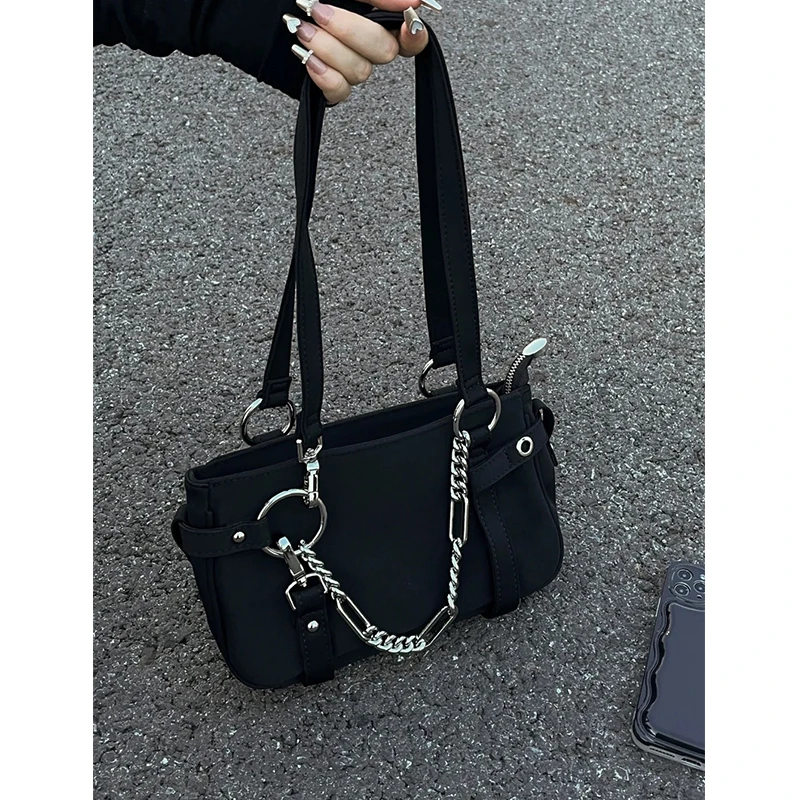 

American Fashion Motorcycle Style Metal Rivet Chain Decoration Women's Bag Horizontal Square Personalized High-end Shoulder Bags