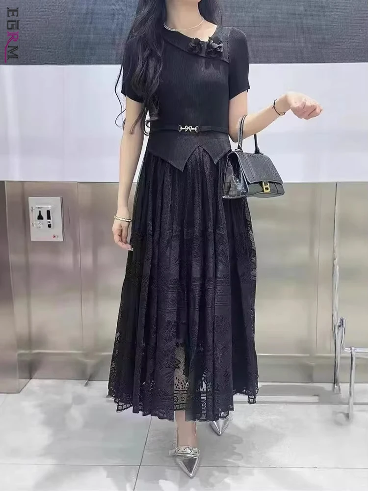 

EGRM Bowknot Asymmetrical Lace Mesh Embroidery Patchwork Fake Two-Piece Pleated Dress 2025 Chic New Women's Clothing 6R9715