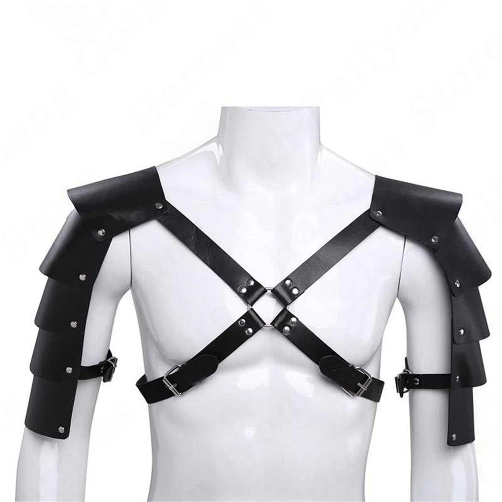 Gay Mens PU Leather Harness Double Shoulder Armors Buckles Sexual Body Chest Harness Belt for Adult Sex Cosplay Halloween Party