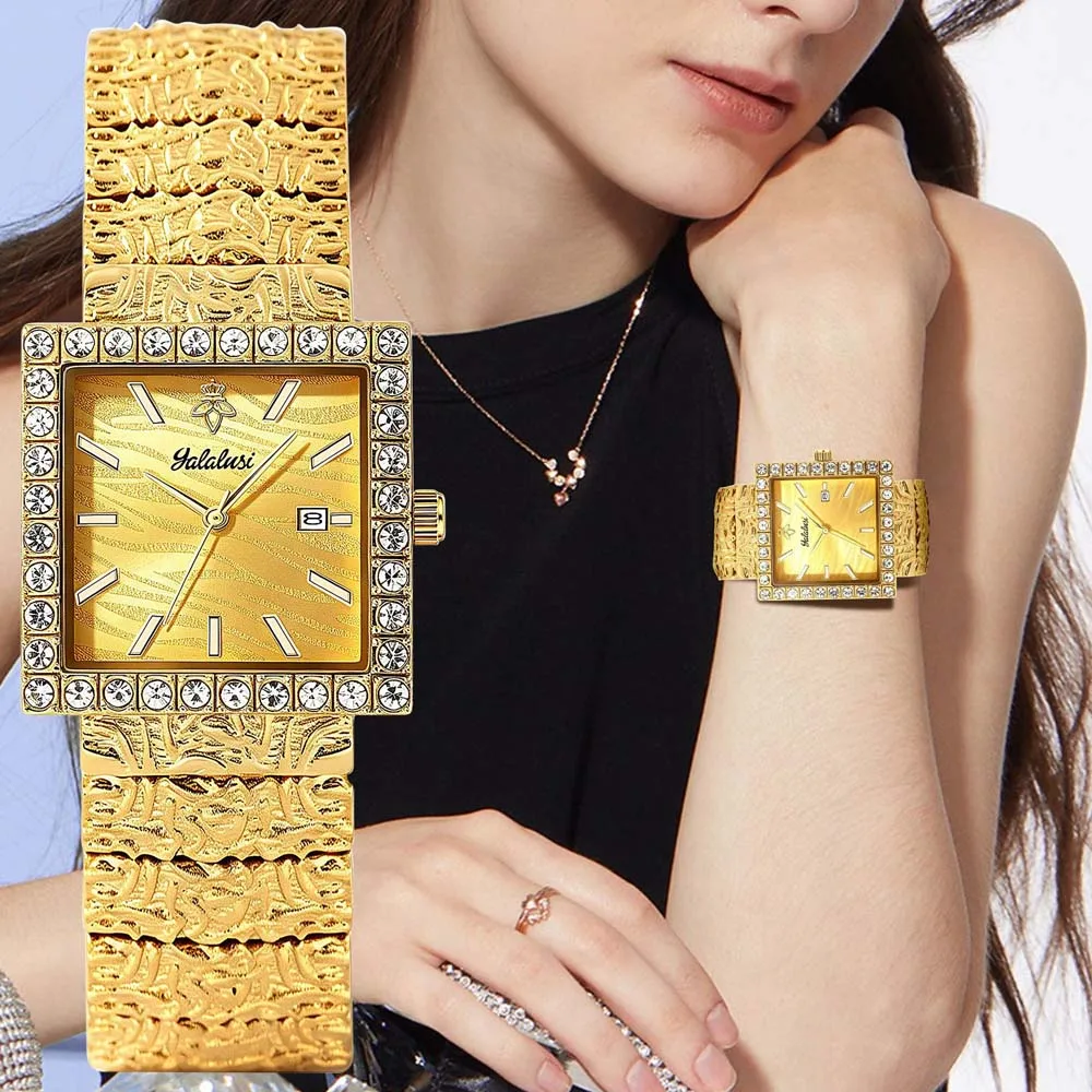 Yalalusi Square Diamond Set Couple's Watches Gold Men's Quartz Watches Fashionable Women's Wristwatch watches for Couple reloj