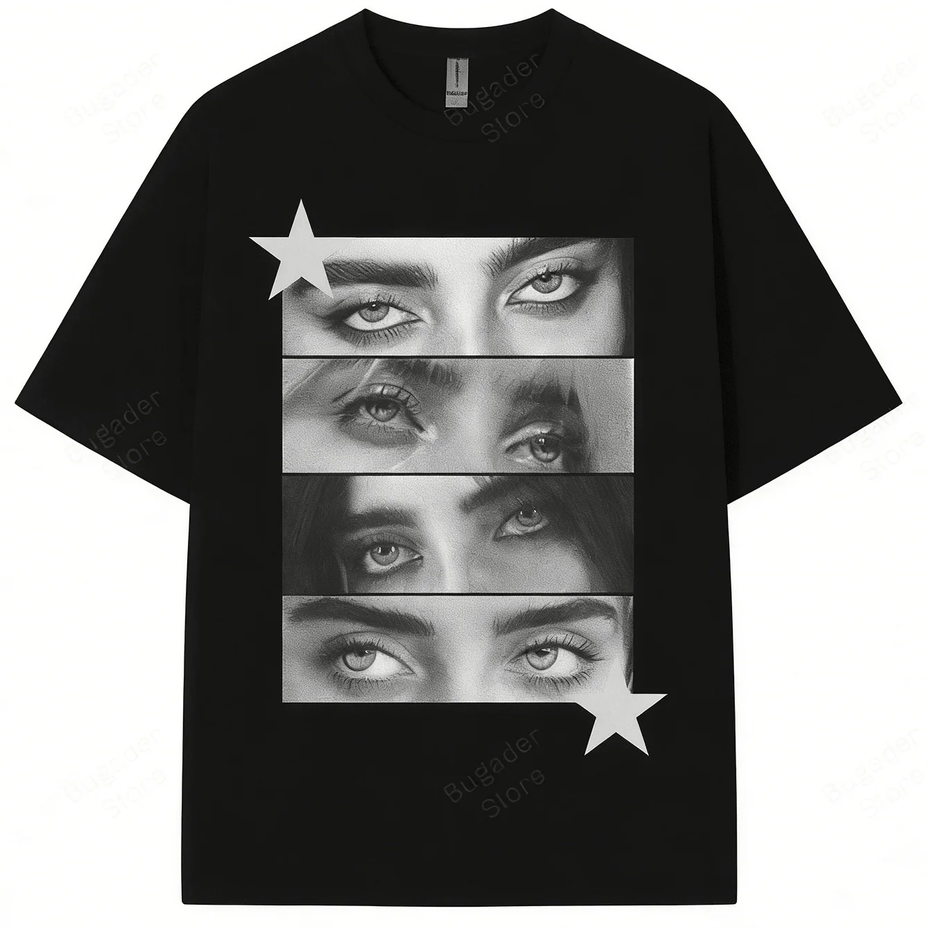 Billie Eyes Collage T-Shirt - Black and White Star Design Tee, Minimalist Grunge Fan Shirt