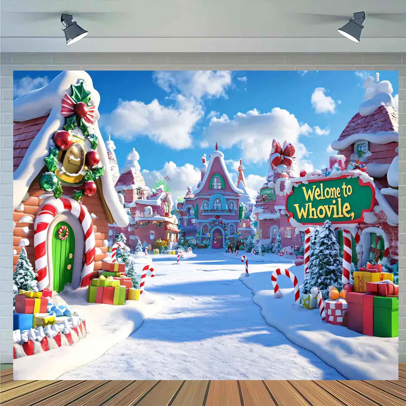 قطعة مسطحة 2D من خلفية بوليستر لمناظر قرية عيد الميلاد Whoville، مناسبة لتزيين الحفلات الاحتفالية