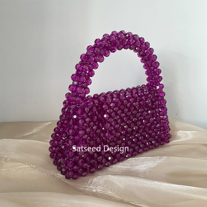 2Size Handbag Acrylic Beaded Solid Color Handmade with Customizable Colors Top-Handle Fashionable Design Women Party Banquet Bag