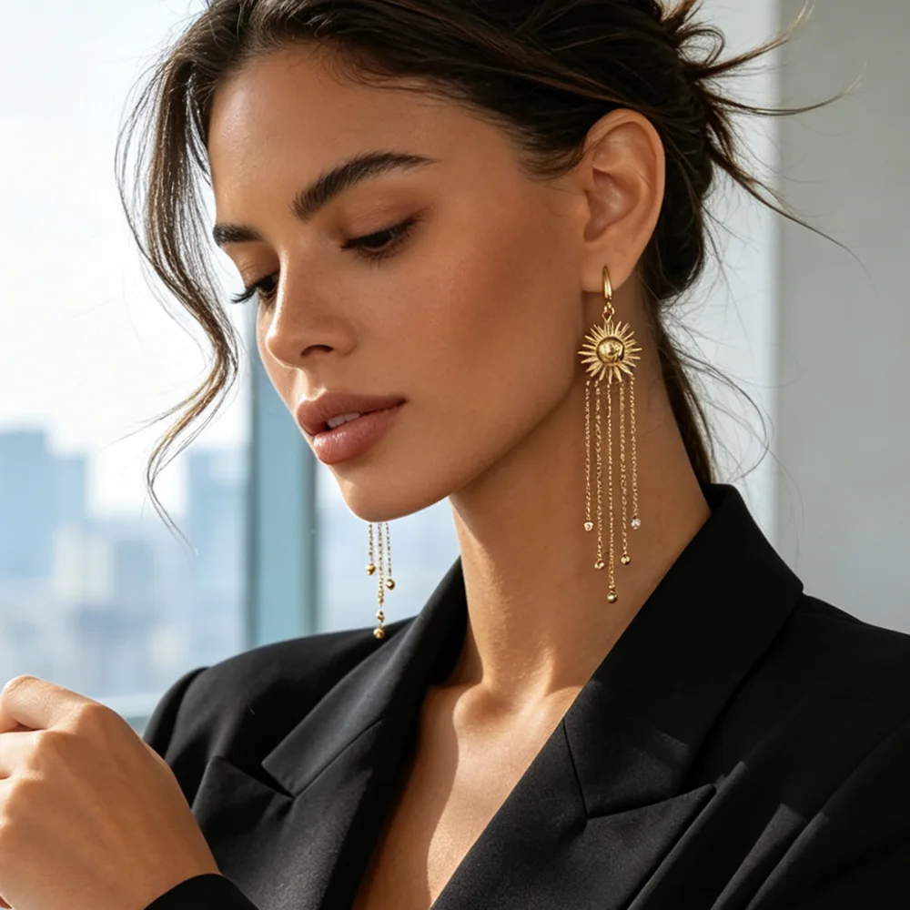 Titanium steel stud earrings with fashionable and elegant sun face design, multi-chain fringed stainless steel earrings