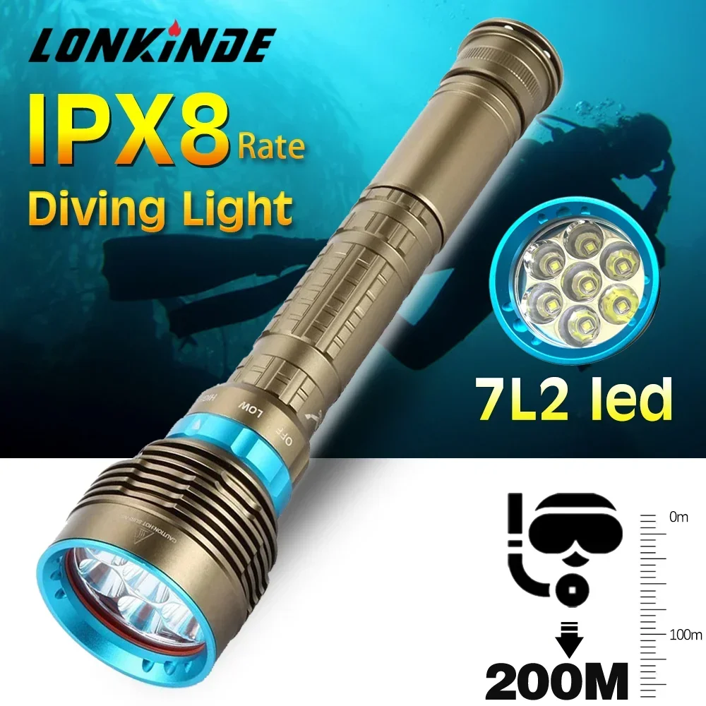 10000LM Diving Light 7 LEDs L2 Light Underwater 200M IPX8 Waterproof Dive Flashlight Professional Dive Catch Fish Outdoor Lamp