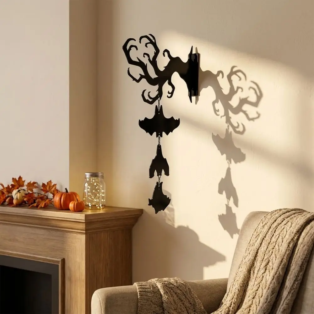 2D Flat Inverted Branch Bat Wind Chime Spooky with Bell Hanging Bat Pendant Gothic Style Wall Mount Halloween Wind Chime