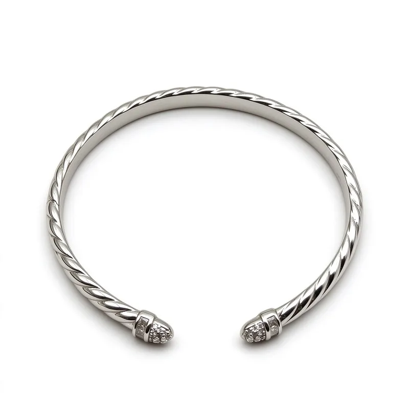 6.2mm Twisted Cable Cuff Bracelet for Women High Quality Polished Silver Tone Alloy Engraved Bullet Ends Pave Set with Diamonds Open Bangle Bold Cable Vintage Statement Jewelry for Daily Wear and Party Wedding Christmas Birthday Anniversary Gift for Her
