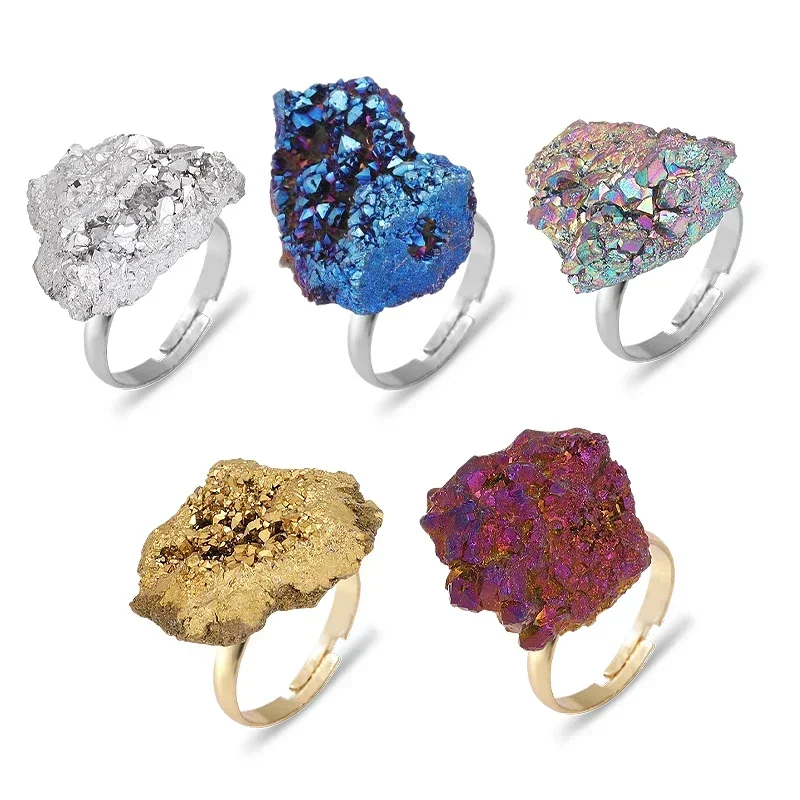 Bohemian Irregular Crystal Agate Women's Wide Open Ring with Adjustable Finger Jewelry Opening