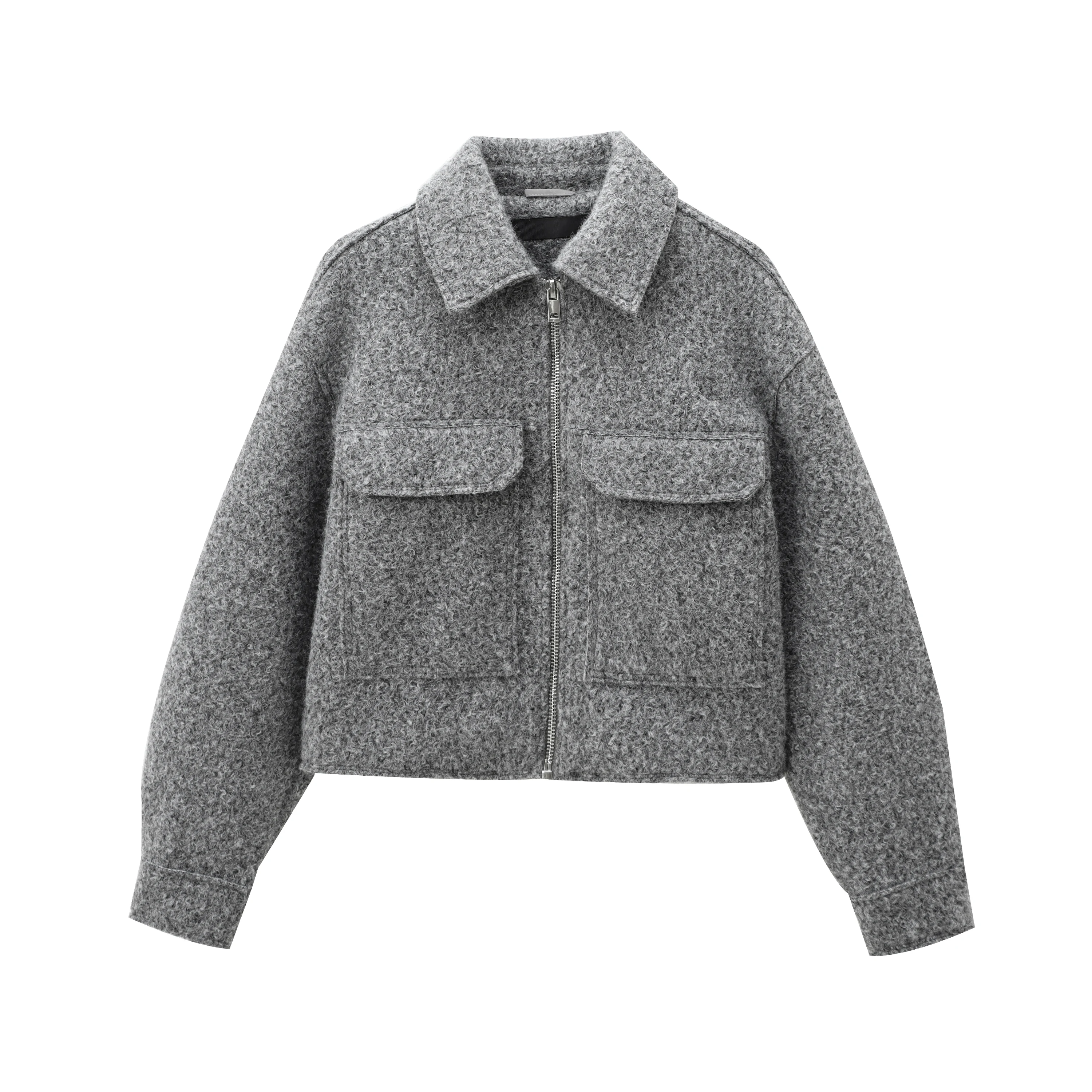 เสื้อแจ็คเก็ตสั้นแฟชั่น BSAY ปกมุก หนัง แขนยาว เสื้อผ้าผู้หญิง สินค้าใหม่ฤดูใบไม้ร่วง 2025 ผ้าทอหยาบ