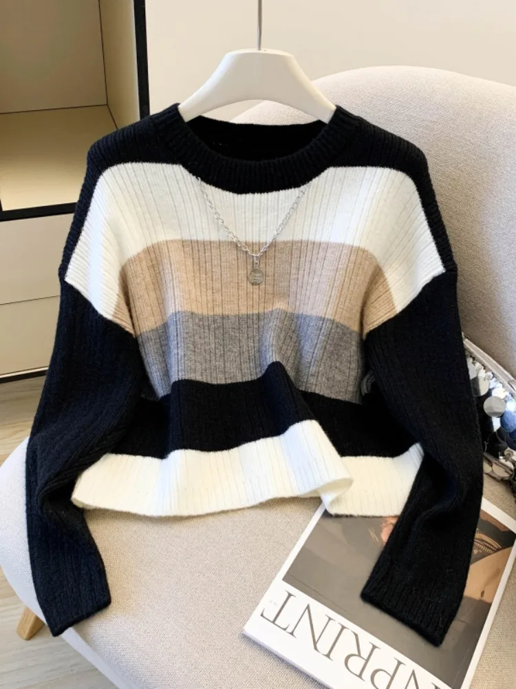 Damen Camere Gestreifte Strickwaren rund Ne Loose Fit Herbst Winter Pullover Weiche Mokka Farbe Pendeln Sle Long Sve Top