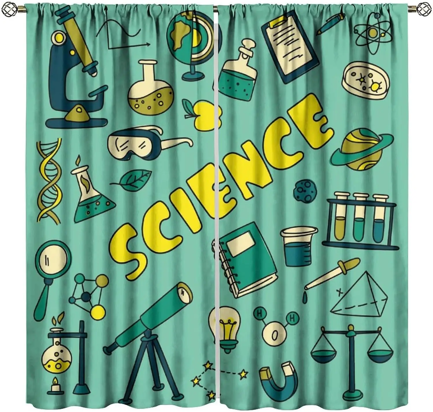 2pcs Science Pattern Curtains STEM Education Laboratory Theme Window Decor for Classroom Home School Room
