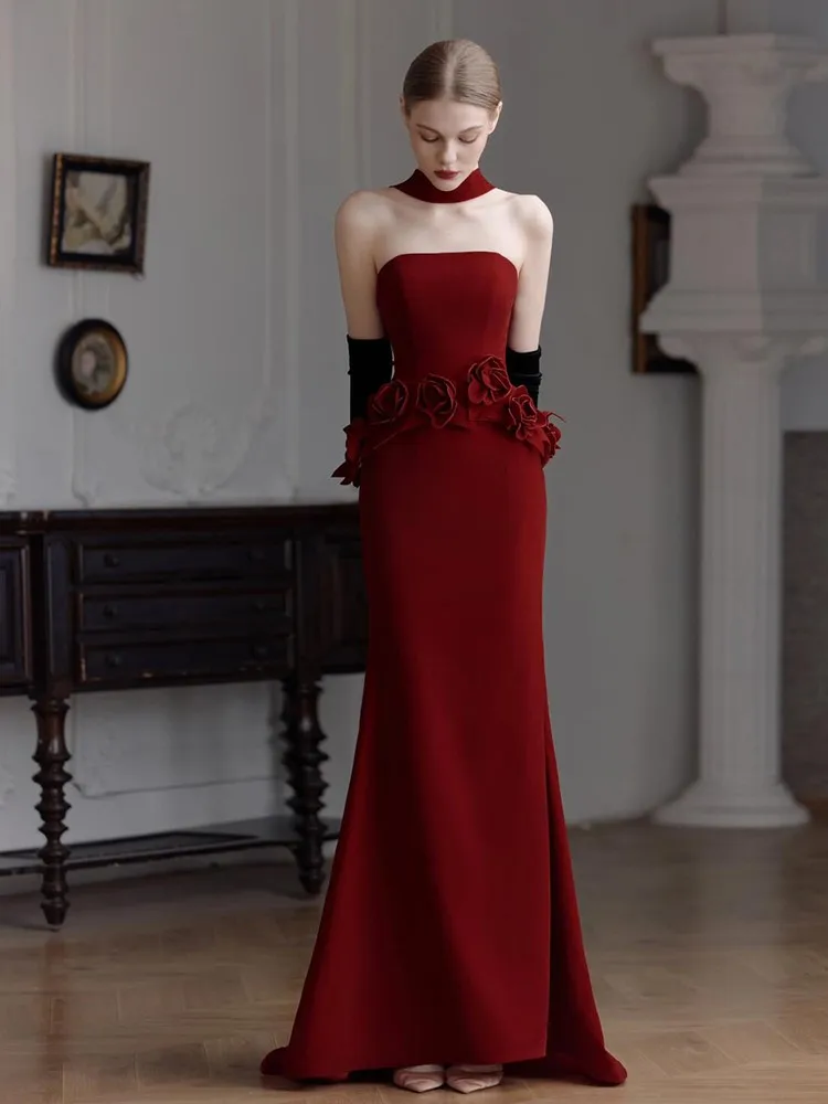 

New style strapless wine red fashionable banquet fishtail dress for toasting
