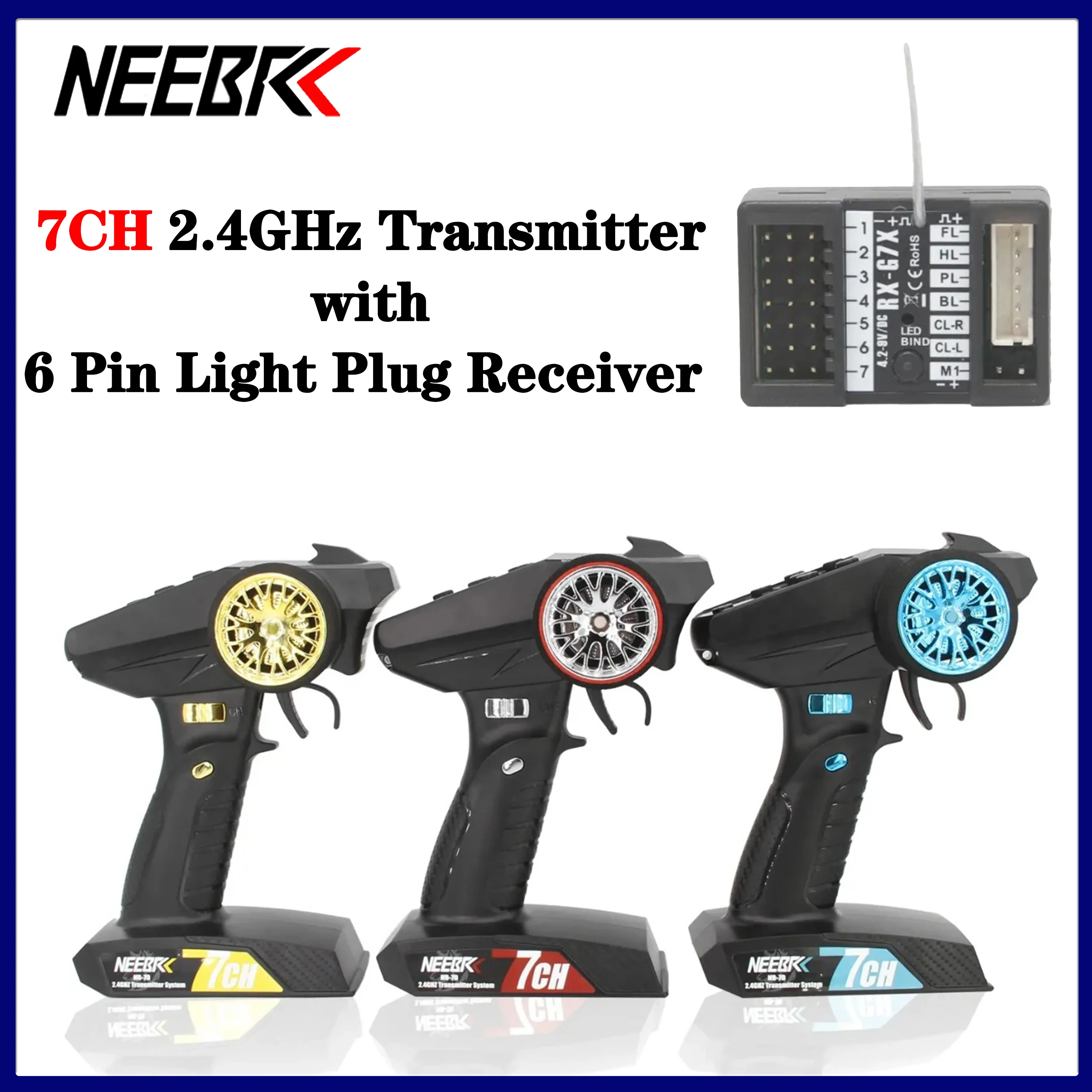 

NEEBRC 7CH 2.4GHz Transmitter Radio System with 6 Pin Light Plug Receiver for Car Drift Truck Crawler Model Part MN99S MN78 MN82