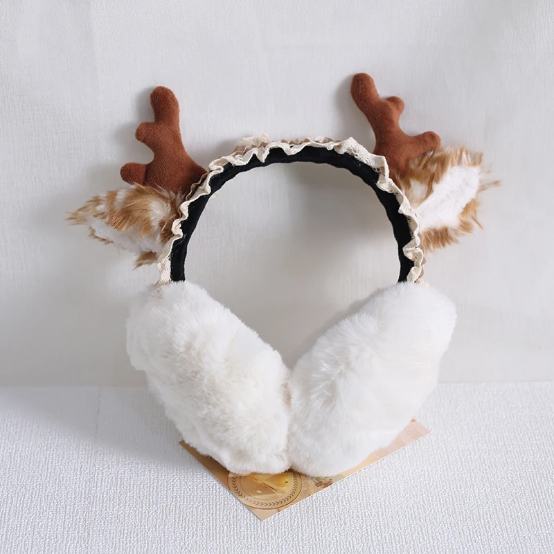 Lolita Girl Christmas Warm Elk Deer Earmuffs Headband New Year Plush Foldable Ear Protector Hair Band Gift