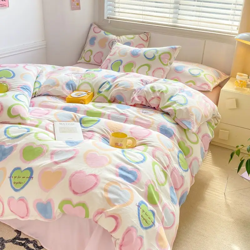 

Korean Style Girls Pink Heart Bedding Set Twin Full Queen King Size Bed Linen Floral Bed Flat Sheet Pillowcase Home Textiles