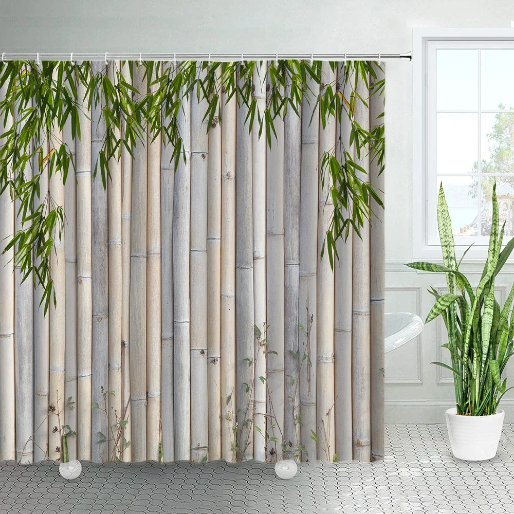 Bamboo Printed Shower Curtains Set Zen Japanese Spring Nature Tan Home Decor Asian Fabric Chic Bathroom Bath Curtain with Hooks