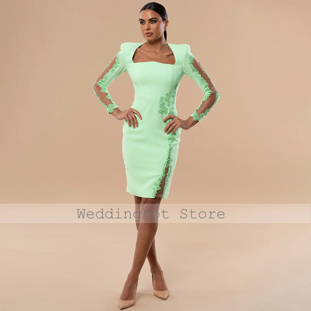 Mint Cocktail Dress Knee Length Long Sleeves Applique Illusion Cocktail Gown Short Sheath/Column Luxury Short Evening Party Gown