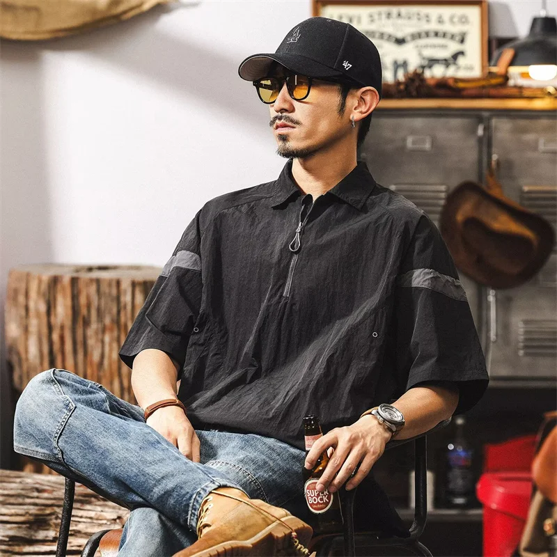 

2025 New American Retro Half Zip Polo Shirts For Men Casual Loose Short Sleeve Polos Homme Outdoor Cargo Quick Dry Y2K T-shirts
