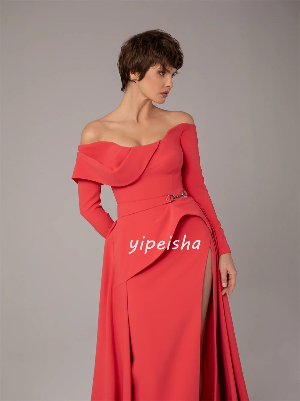 تخصيص جودة عالية أنيقة جيرسي وشاح Ruched ألف خط خارج على الكتف فساتين طويلة فساتين مناسبة مخصصة الأحجام المتاحة #3