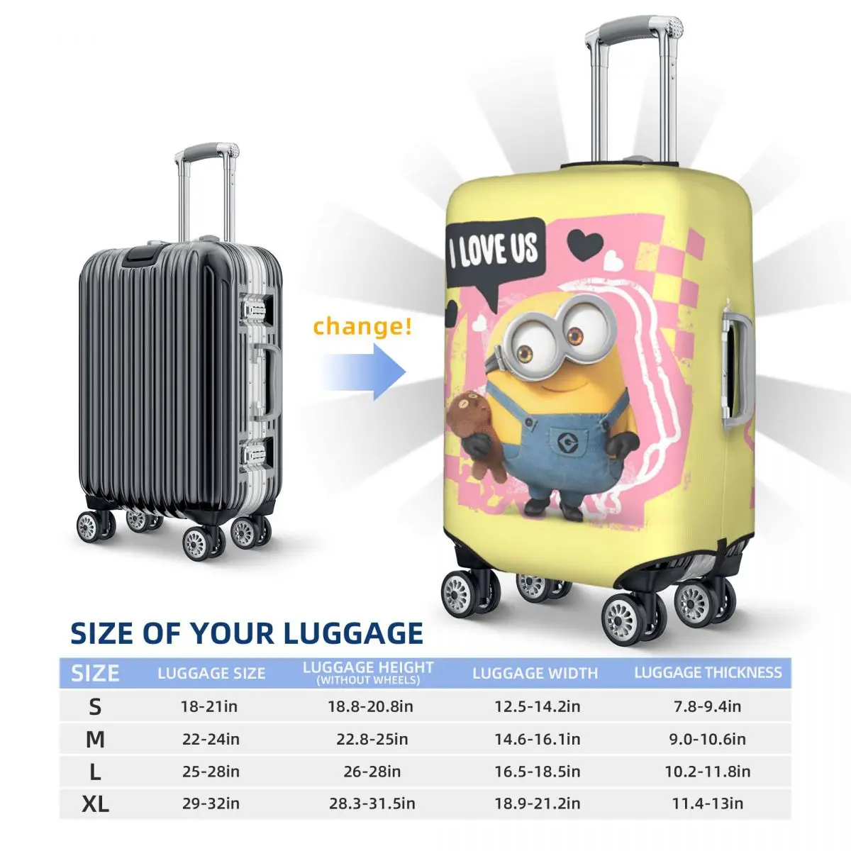 Minions Bob I Love Us Suitcase Cover Travel Flight Elastic Luggage Accesories Protection