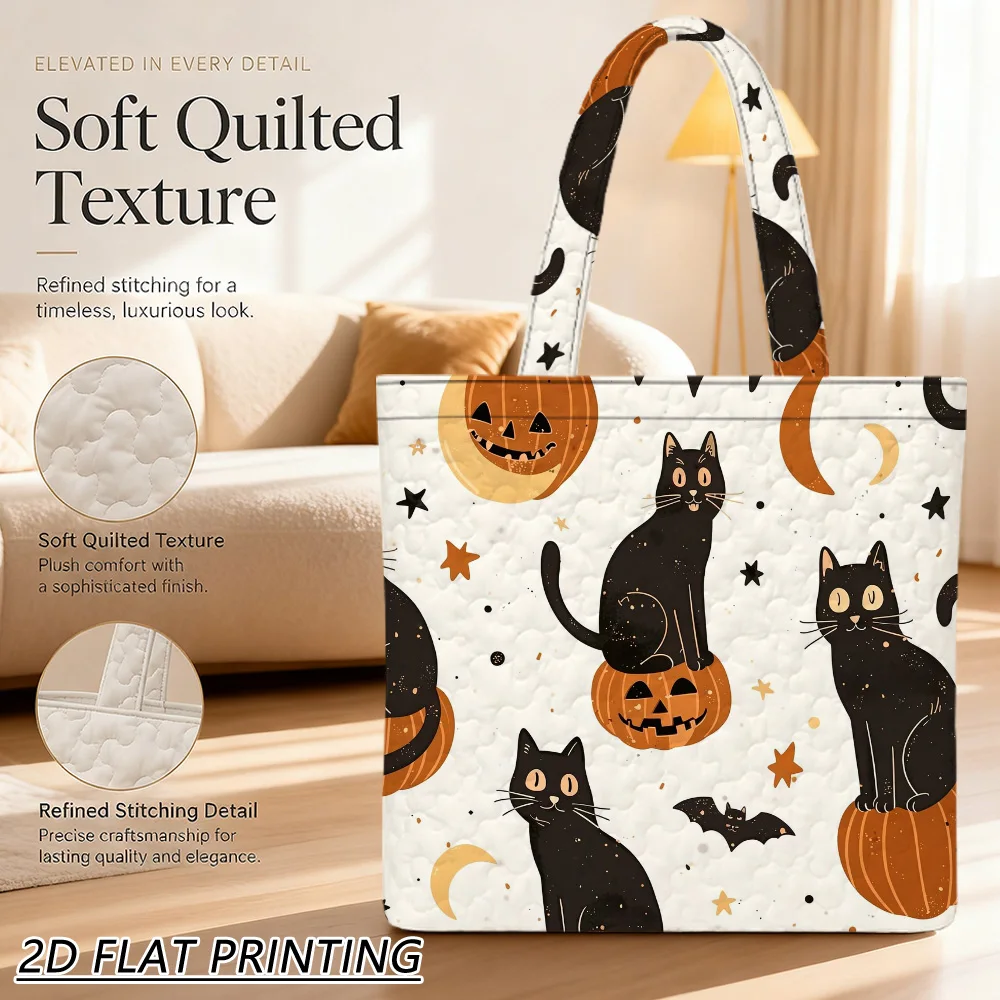 1pc Black cats pumpkins bats Quilted Women'S Shoulder Bag, Multi-Purpose Tote, Fine Craft For Office Commute And Parties