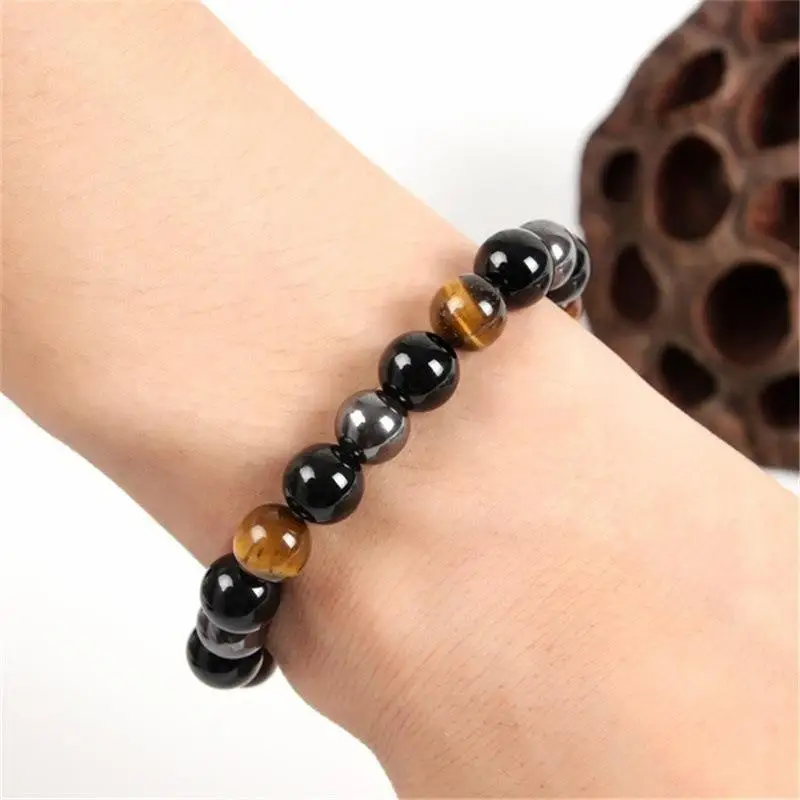 Mens Stylish Hematite Bracelet Vintage Crown Power Symbol Natural Stone for Anniversary Party Outfit