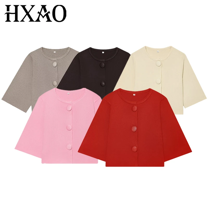 HXAO Crop Knit Cardigan For Women Summer 2026 Red Brown Grey Pink Off White Sweater Chic O-Neck Short Sleeve Top Holiday Bolero