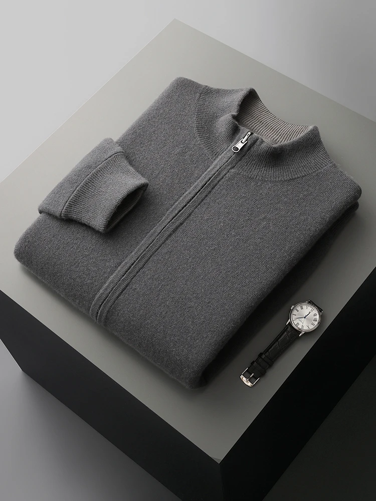 MEETCC 100% Merino Wool Men Sweatercoat Autumn Winter Mock Neck Zipper Cardigan Double Side Wear Thick Warm Cashmere Knitwear