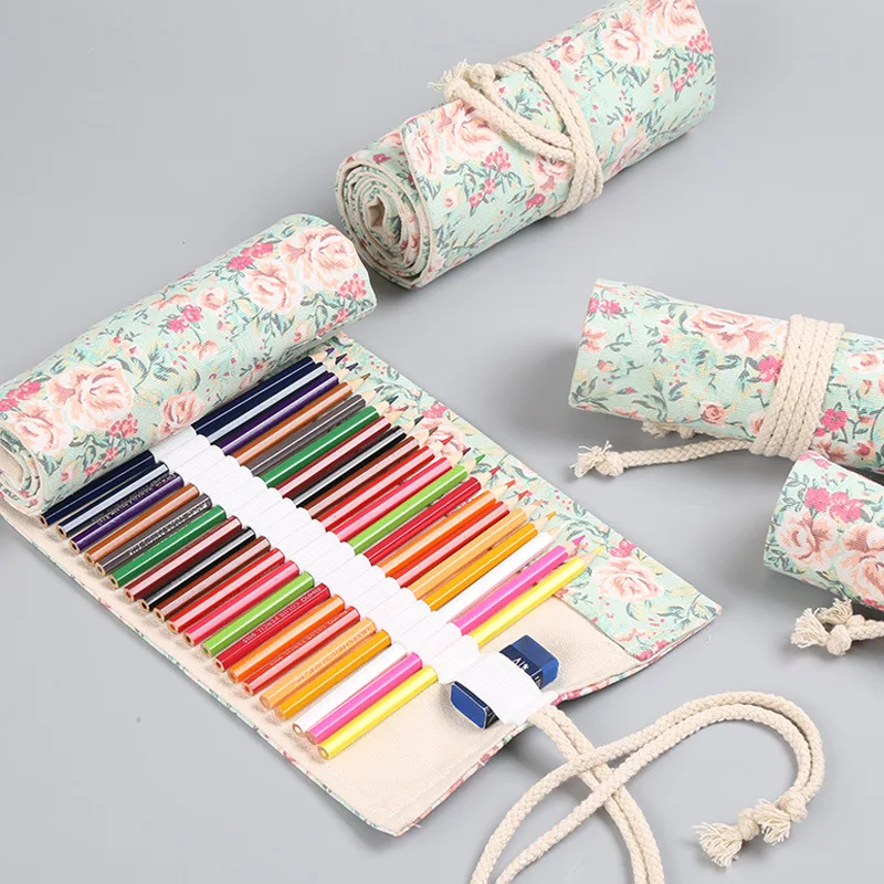 12/24/36/48/72 Holes Floral Canvas Roll Up Pencil Case School Students Supplies Brush Pen Bag Cute Pencil Cases Stationery
