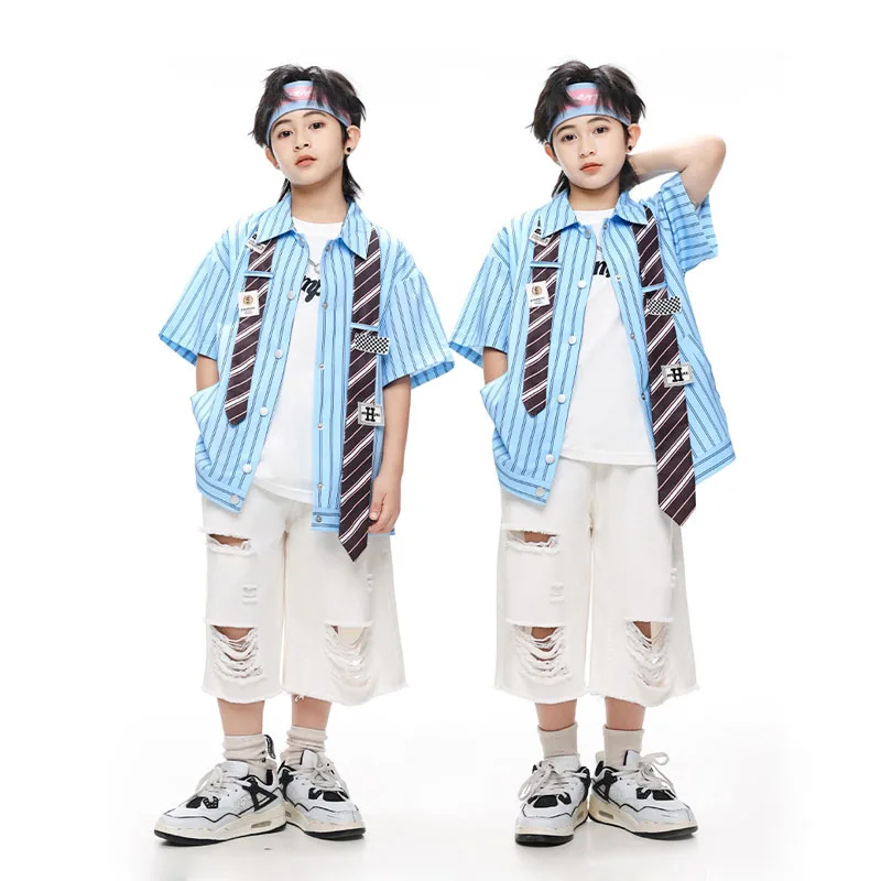 Kid Hip Hop Clothing Blue Striped Short Sleeve Shirt White Casual Distressed Shorts for Girl Boy Jazz Dance Wear Costume Clothes