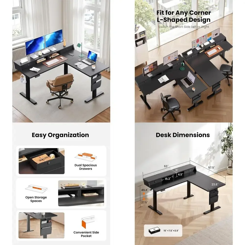 

Бестселлер: эргономичный L-образный стол для работы стоя 63 дюйма с регулировкой высоты и выдвижными ящиками для хранения