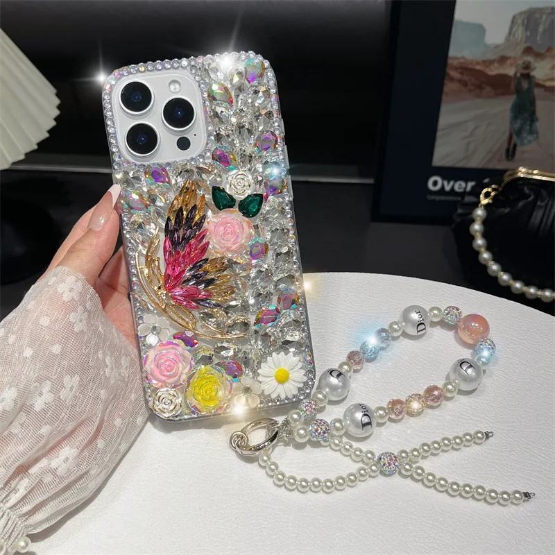 

Luxury Crystal Butterfly Strap Phone Case For iPhone 16 15 13 14 11 Pro Plus Bling Diamond Cover