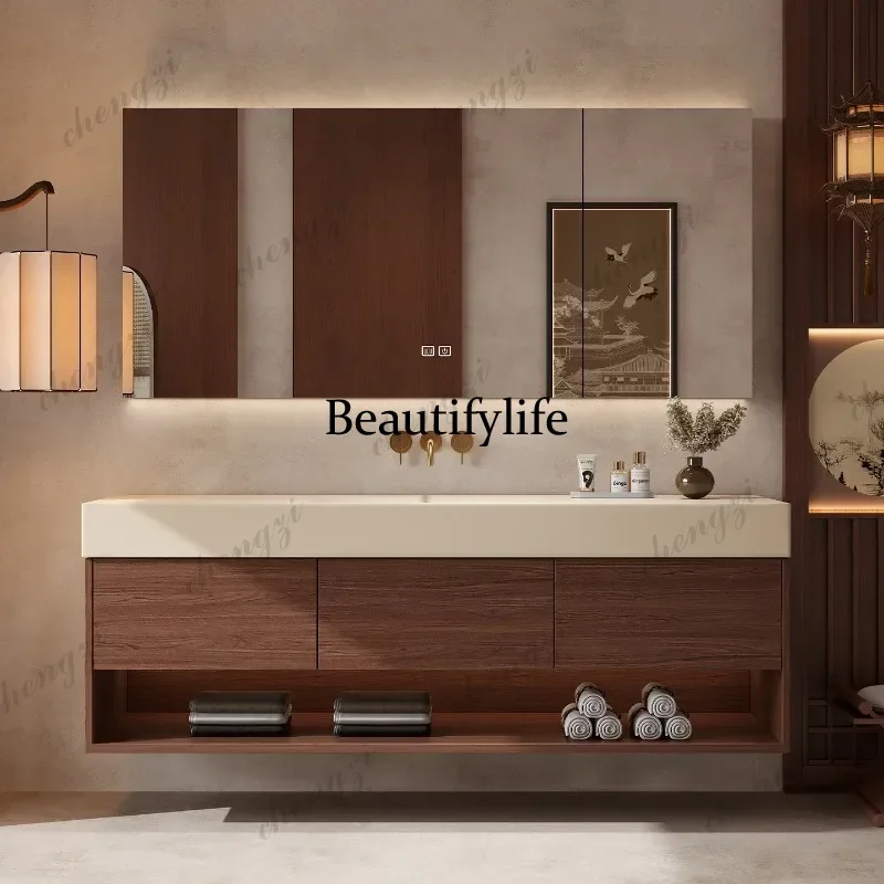 Medieval style integrated basin bathroom rubber wood paint-free bathroom cabinet wash washbasin  a17