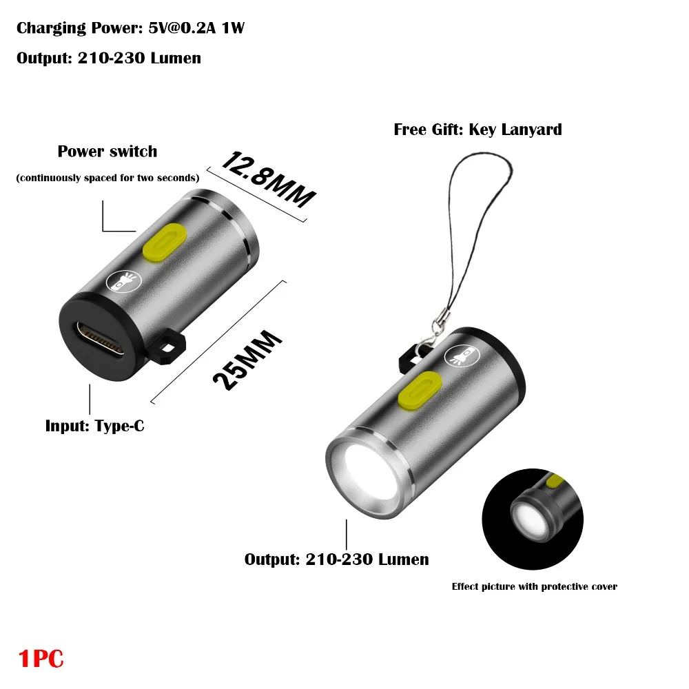 

230 High Lumens Type-C Mini Flashlight Portable Plug and Play LED Flashlight Aluminum Alloy with Lanyard Keychain Flashlights