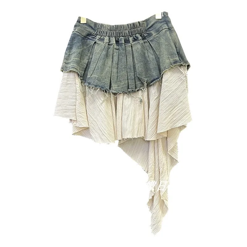 Splicing Denim Pleated Skirt For Women's Summer New Style, With A Spicy And Fashionable Style, High Waist And Slimming A-line